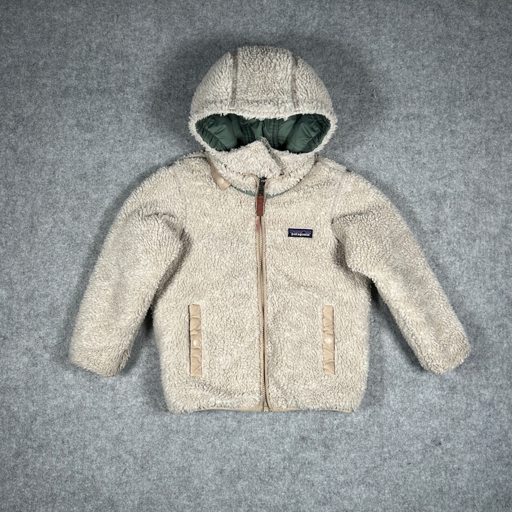Patagonia Jacket Boys 5/6 Tan Blue Green Reversible Ready Freddy Fleece Hooded